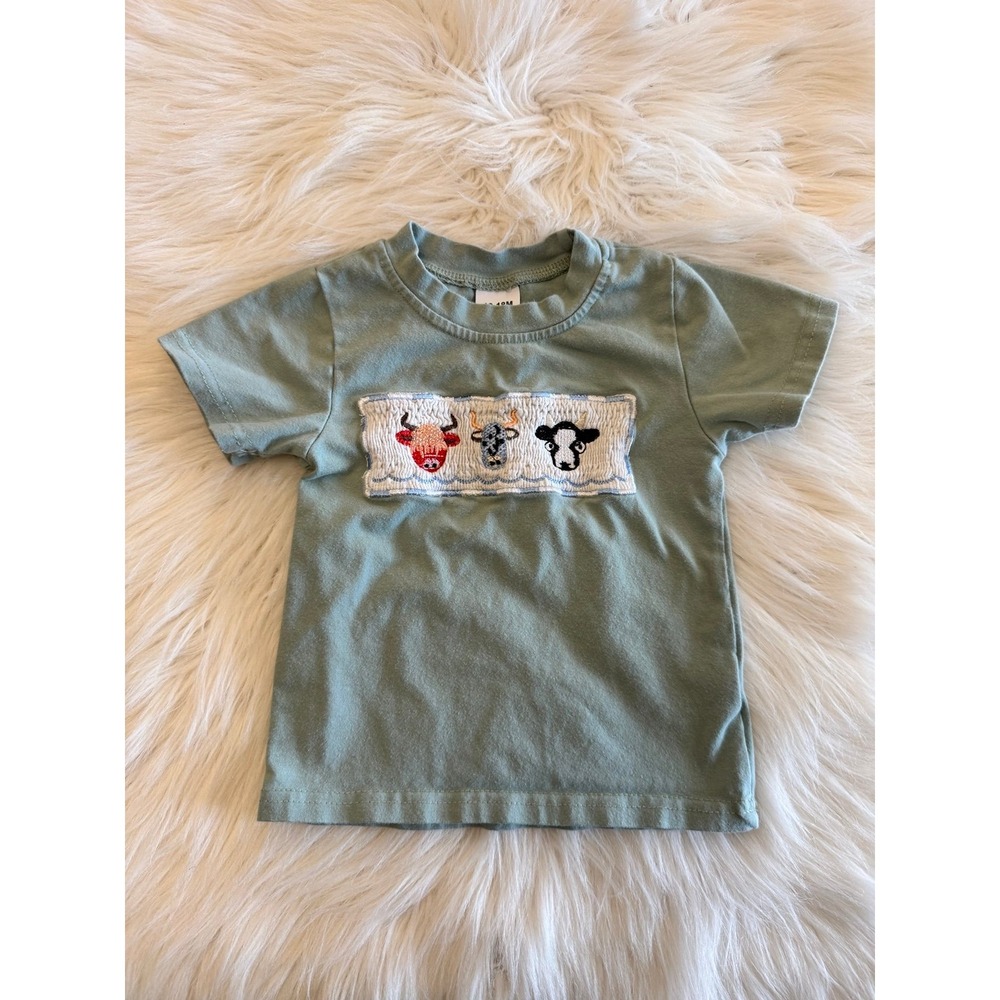 12/18m cow smocked‎ green shirt EUC